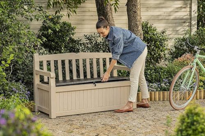 Keter Eden Bench 265L Outdoor 60% recycled Garden Furniture Storage Box Beige & Brown Wood Panel Effect | Fade Free | All Weather Resistant | Safe and Secure | Zero Maintenance | 2 year Warranty