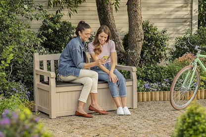 Keter Eden Bench 265L Outdoor 60% recycled Garden Furniture Storage Box Beige & Brown Wood Panel Effect | Fade Free | All Weather Resistant | Safe and Secure | Zero Maintenance | 2 year Warranty