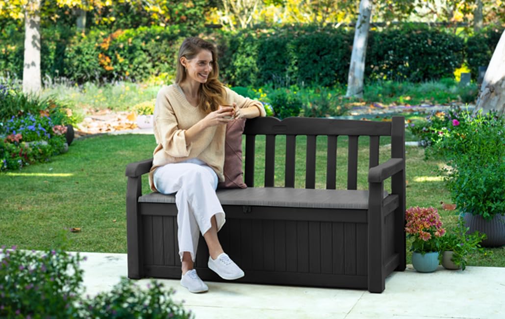 Keter Eden Bench 265L Outdoor 60% recycled Garden Furniture Storage Box Graphite & Light Grey | Fade Free | All Weather Resistant | Safe and Secure | Zero Maintenance | 2 year Warranty