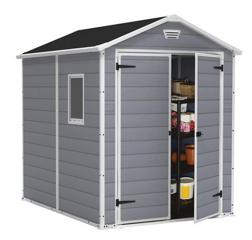 Keter Manor Outdoor Plastic Garden Storage Shed, Grey, 6 x 8 ft