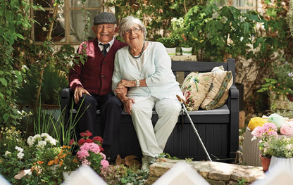 Keter Eden Bench 265L Outdoor 60% recycled Garden Furniture Storage Box Graphite & Light Grey | Fade Free | All Weather Resistant | Safe and Secure | Zero Maintenance | 2 year Warranty