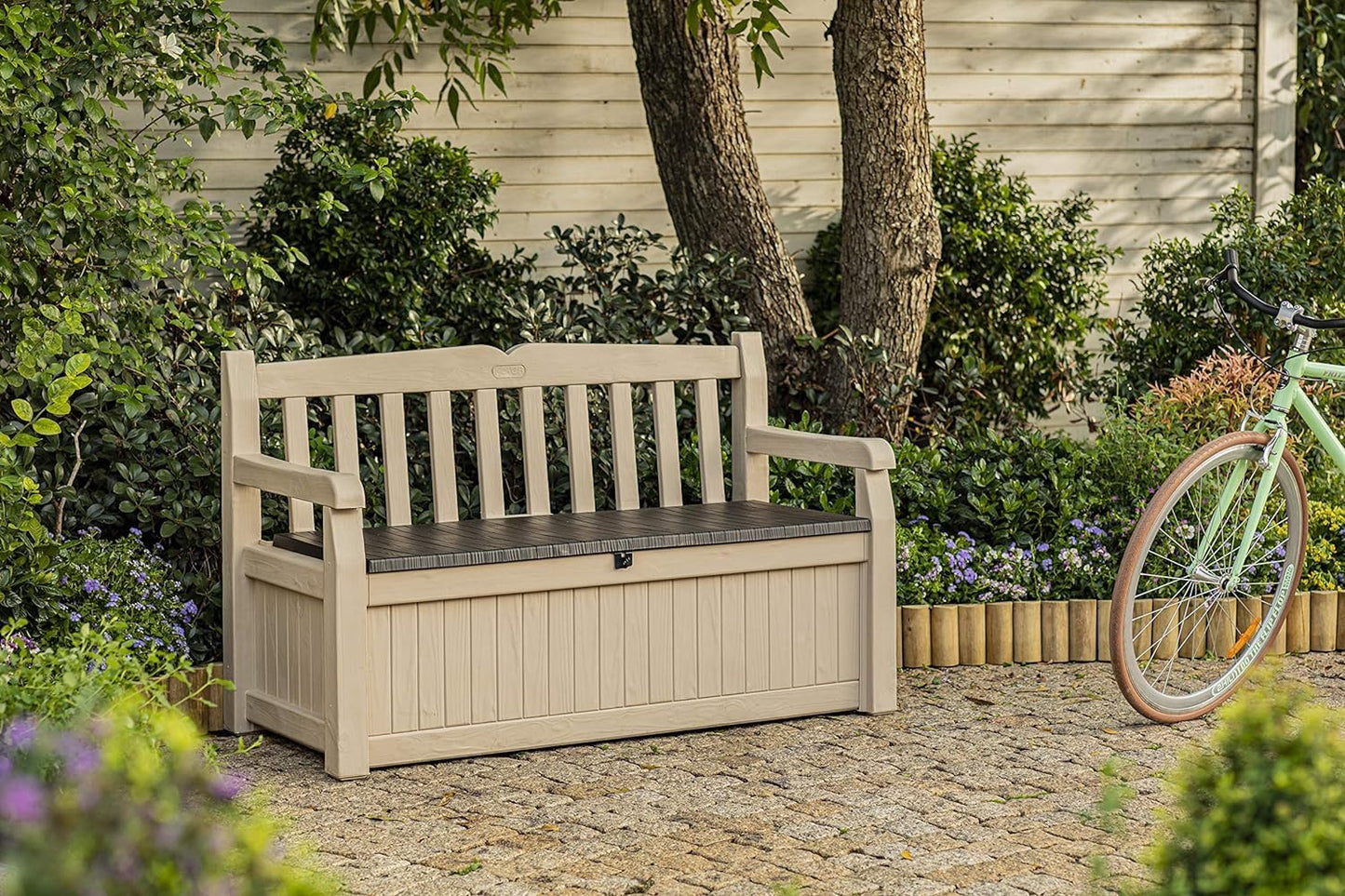 Keter Eden Bench 265L Outdoor 60% recycled Garden Furniture Storage Box Beige & Brown Wood Panel Effect | Fade Free | All Weather Resistant | Safe and Secure | Zero Maintenance | 2 year Warranty