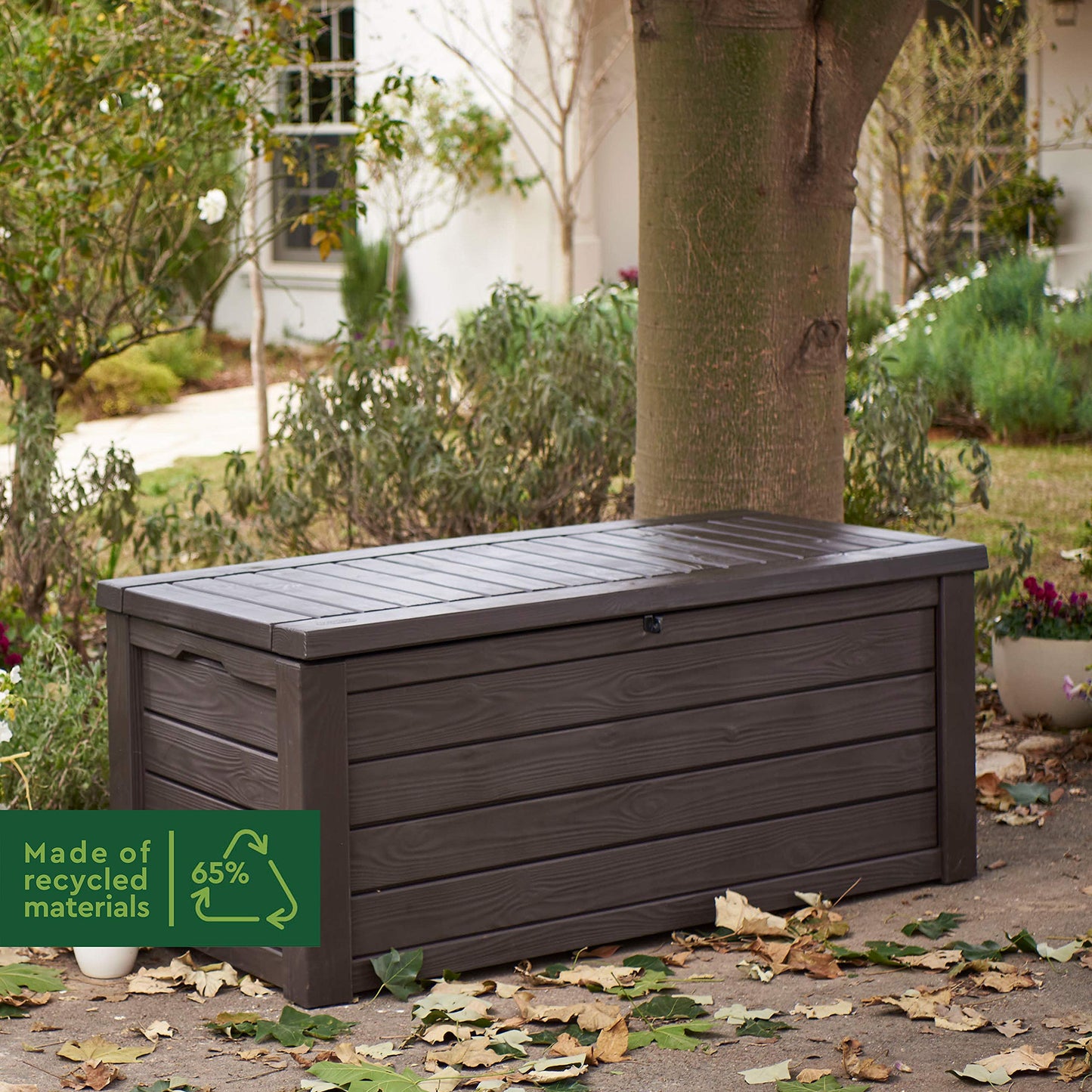 Keter Westwood 570L Outdoor 75% recycled Garden Furniture Storage Box Brown Wood Panel Effect ; Fade Free ; All Weather Resistant ; Safe and Secure ; Zero Maintenance ; 2 year Warranty