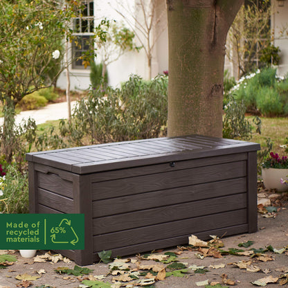 Keter Westwood 570L Outdoor 75% recycled Garden Furniture Storage Box Brown Wood Panel Effect ; Fade Free ; All Weather Resistant ; Safe and Secure ; Zero Maintenance ; 2 year Warranty